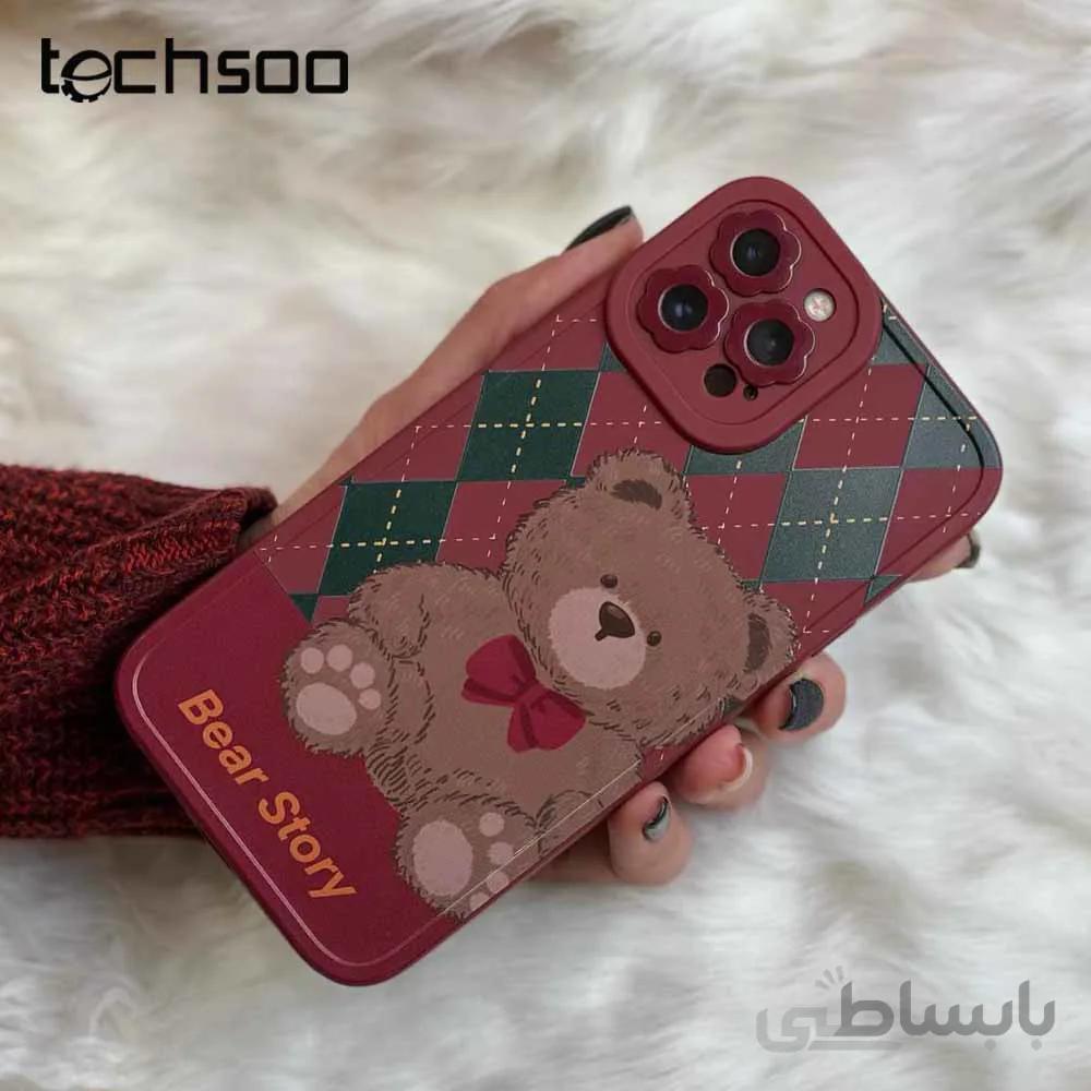 قاب موبایل آیفون خرس تدی چهارخونه زرشکی