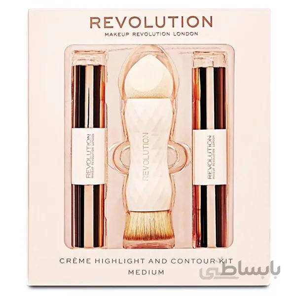 ست کانتور و هایلایتر و براش رولوشن Revolution مدل CREAM HIGHLIGHT AND CONTOUR KIT MEDIUM ا Revolution Cream Highlight And Contour Kit Medium