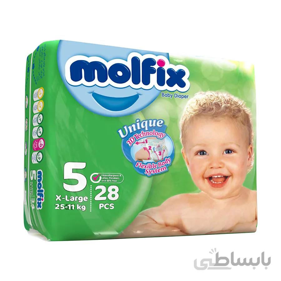 پوشک مولفیکس سایز ۵ مخصوص کودکان ۱۱ تا ۲۵ کیلوگرم ۲۸ عددی