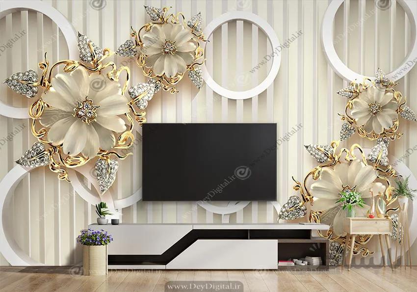 پوستر دیواری پشت تلویزیون گل طلایی سه بعدی BA-4253