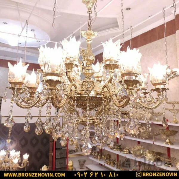 لوستر برنزی طرح گل ناز ۳ طوقه ۸ شاخه ۱۶ شعله