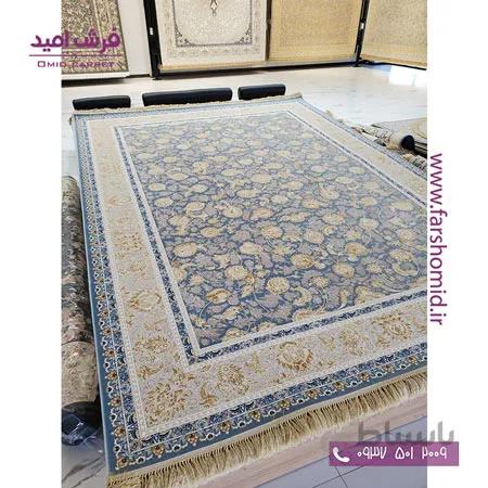 فرش ماشینی 1200 شانه 8 رنگ کد 310 افشان آبی اطلسی طلایی کلکسیون رویال شاهکار آریایی