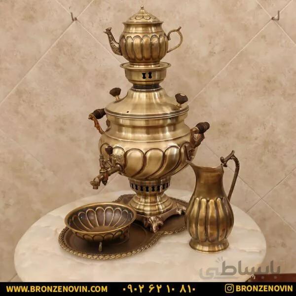 سماور برنجی زغالی ۸ لیتری آنتیک با سرویس