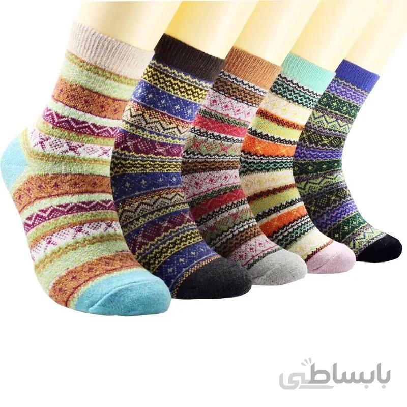 جوراب پشمی زنانه راه راه رنگی طرح دار
