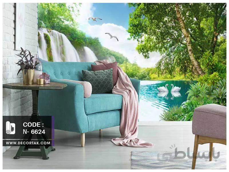 پوستر دیواری طبیعت کدN-6624 طرح دریاچه و قو