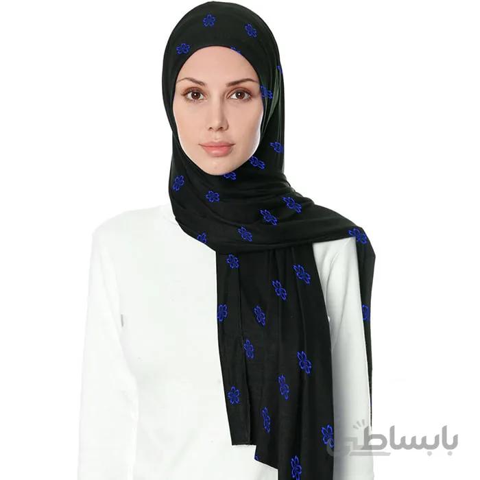 شال حریر مشکی گلدوزی گل سرمه ای