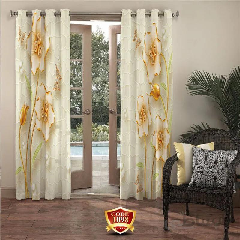 پرده پانچی کد 1098-3d-b طرح سه بعدی گل و غنچه طلایی