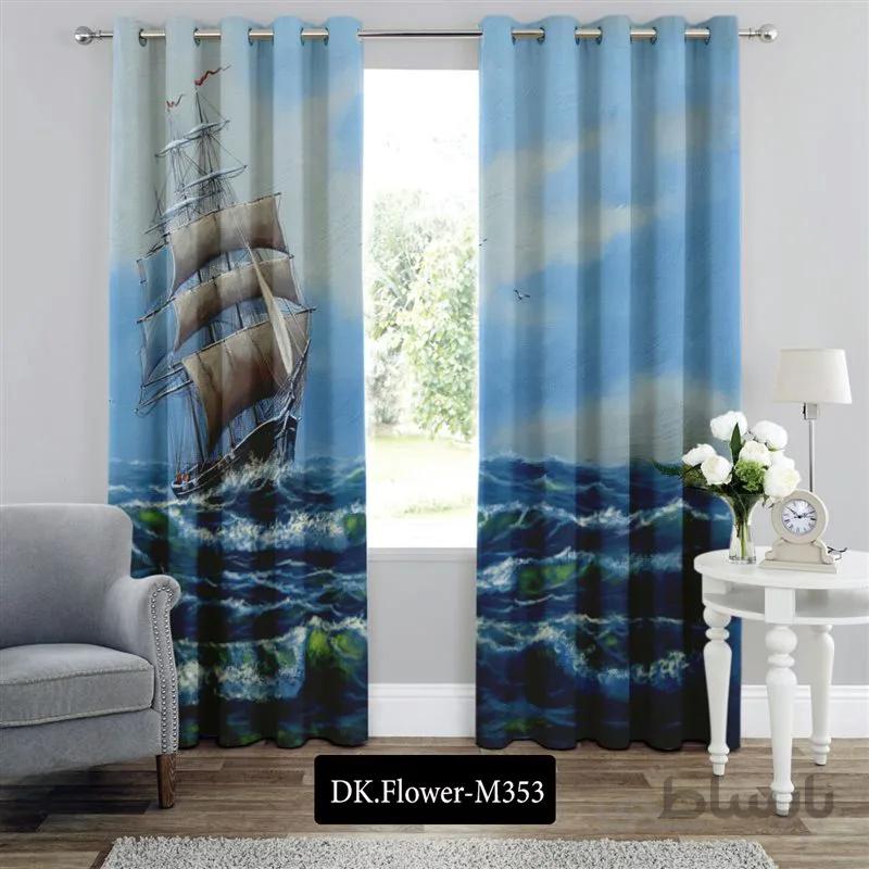 پرده پانچی (هازان و مخمل)کد DK.Flower.M353 طرح گل و منظره کشتی بر امواج طوفانی