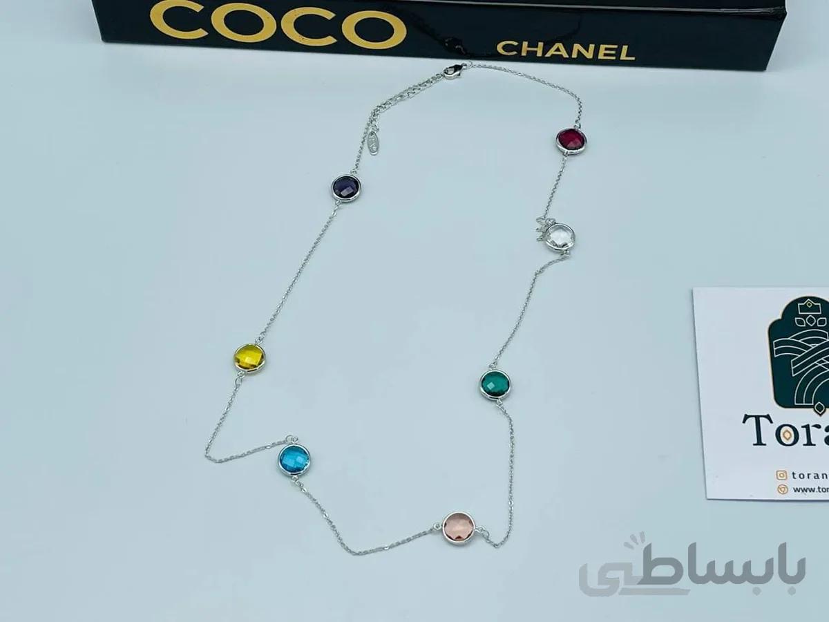 گردنبند رولباسی نگین رنگی نقره ای