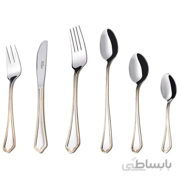 سرویس قاشق و چنگال 24 نفره ناب استیل طرح ونیز دور طلایی (98 پارچه)