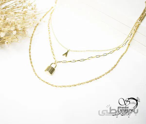 گردنبند زنانه استیل سه زنجیره طرح قفل