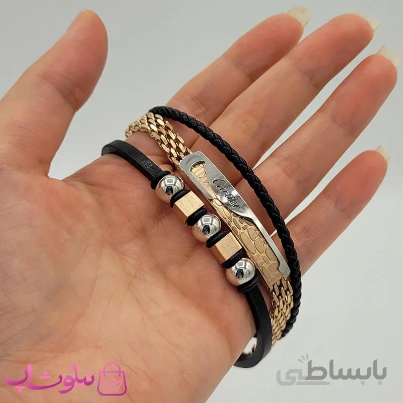 دستبند مردانه سه ردیفه چرم استیل کد 1053-3