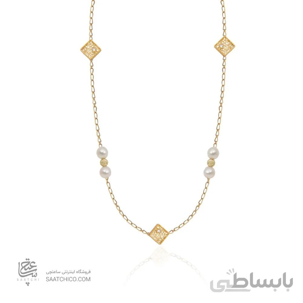 گردنبند رولباسی طلا زنانه طرح فیوژن لوزی با مروارید کد XN624