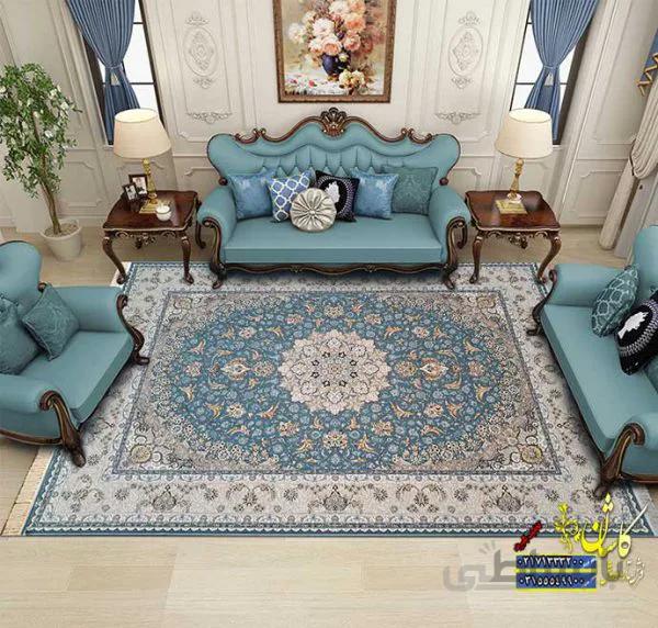 فرش کاشان 1200 شانه طرح محیا ابی برجسته