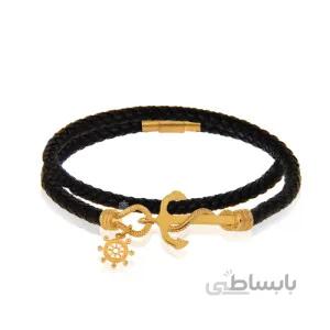 دستبند چرم با پلاک طلا طرح لنگر کد XB601
