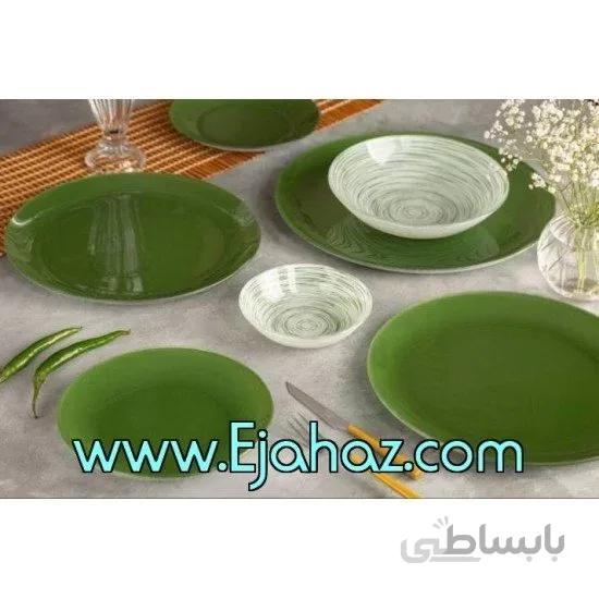سرویس غذاخوری 25 پارچه ظروف شیشه ای گرد طرح آکسفورد سبز آرکوفام