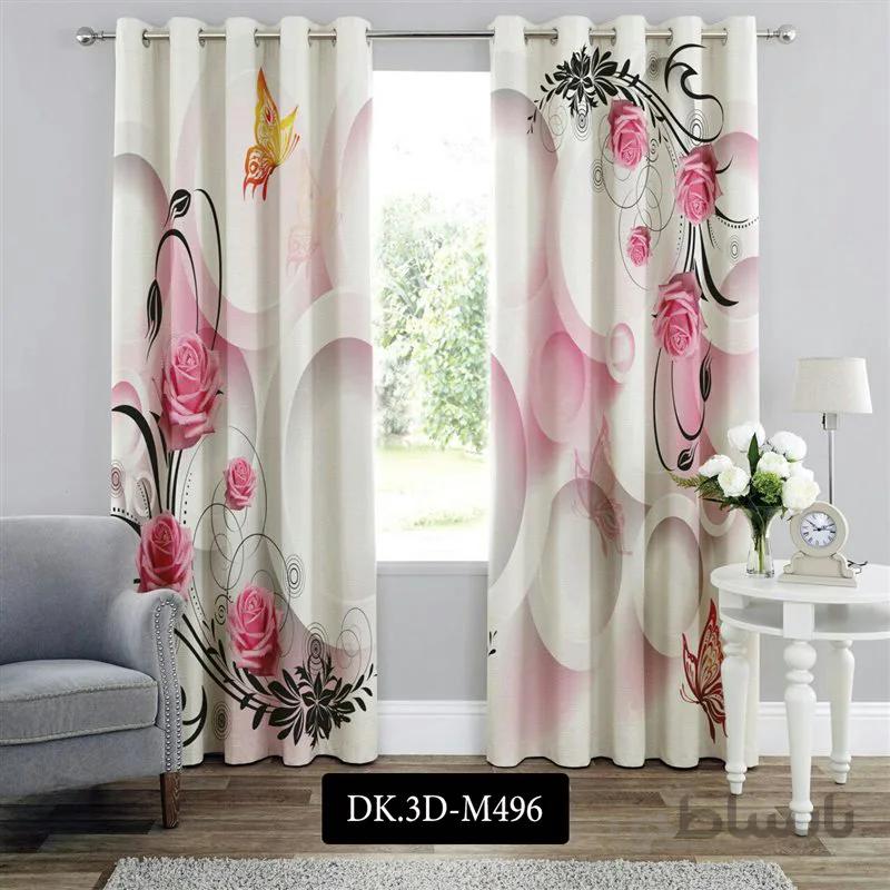 پرده پانچی (هازان و مخمل)کد DK.3D.M496 طرح سه بعدی گل های صورتی و پروانه های نارنجی