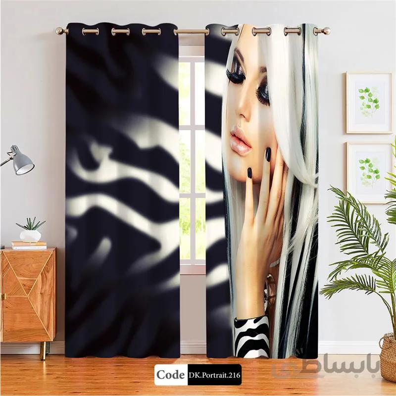 پرده پانچی (هازان و مخمل) کد DK.Portrait.216 طرح چهره زن و خطوط سفید و مشکی