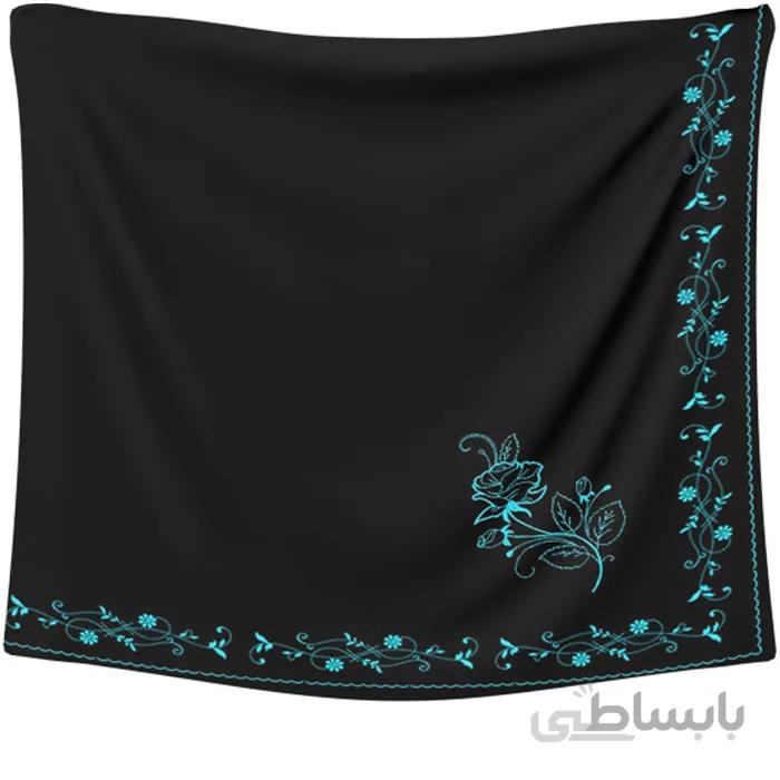 روسری حریر مشکی گلدوزی گل آبی