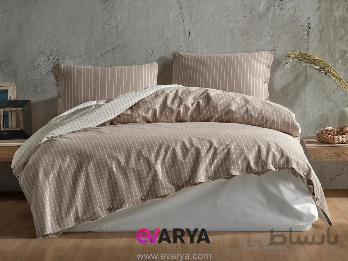 ست کاور ملحفه لینن راه راه برند clasy طرح norma رنگ نسکافه ای سایز کینگ