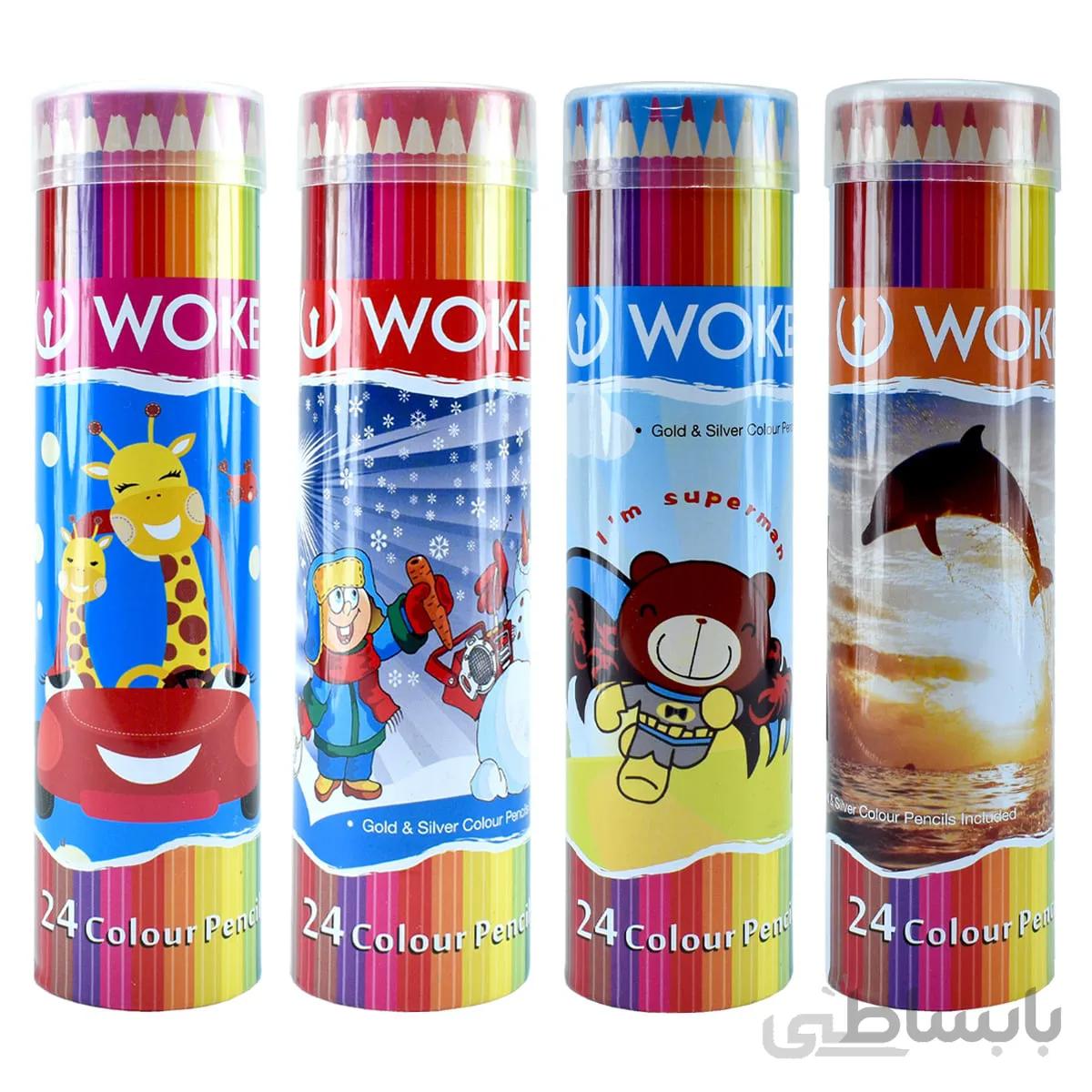 مداد رنگی 24 رنگ استوانه ووک ا woke 24 colours pencils with metal box