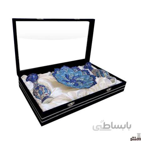 ست گلدان و بشقاب میناکاری طرح اسلیمی کوچک
