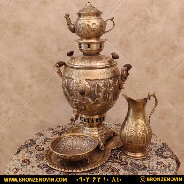 سماور زغالی برنجی ۶ لیتری قلم دست هخامنش آنتیک