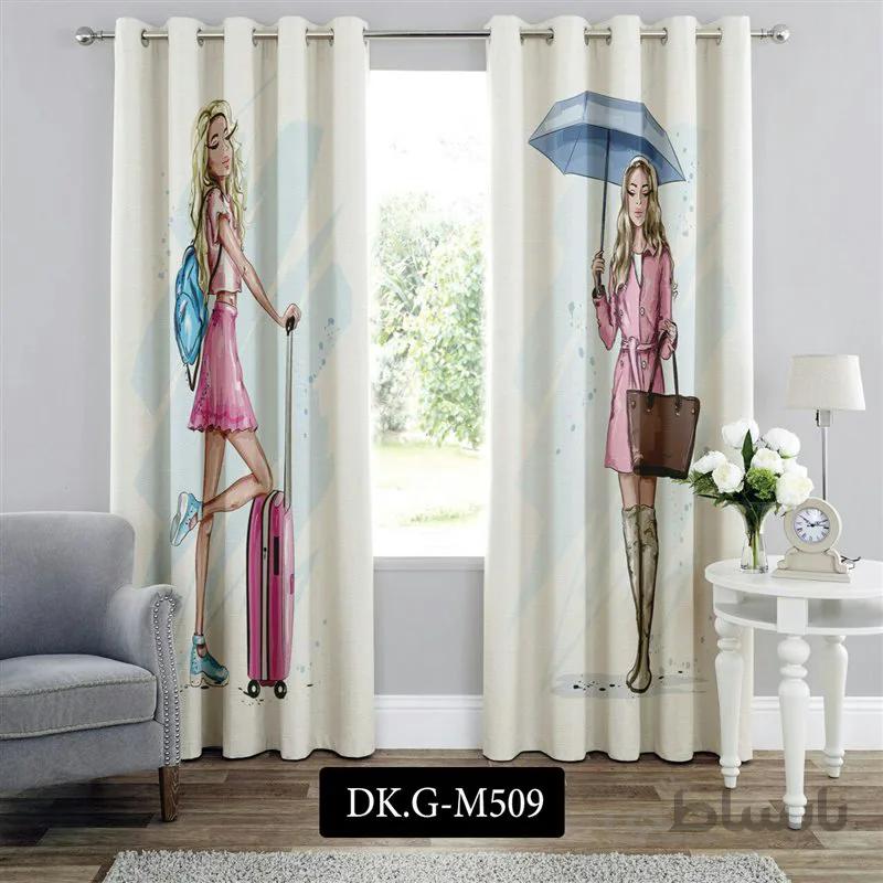 پرده پانچی (هازان و مخمل) کد DK.G.M509 طرح دخترانه دختر مسافر