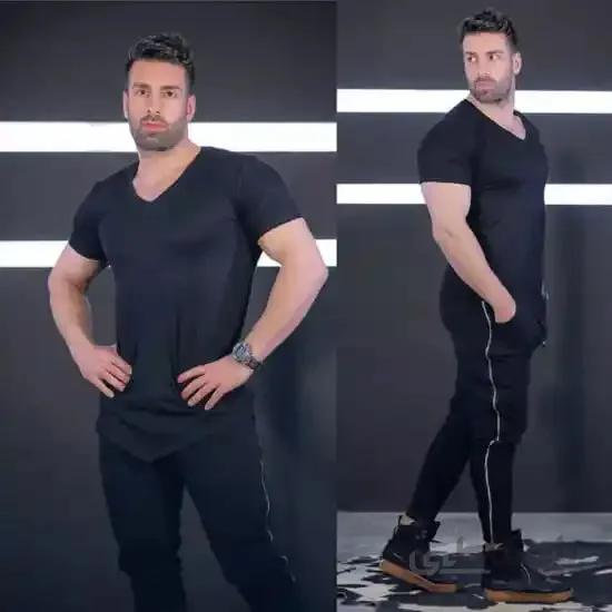ست مردانه تیشرت و شلوار اسلش جنس دورس تمام کش ا Men's T-shirt and slash pants set of full-length Dors