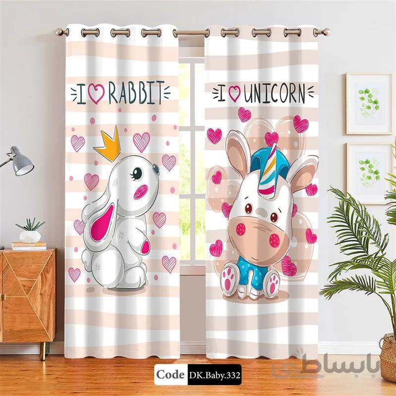 پرده پانچی (هازان و مخمل)کد DK.Baby.332 طرح نوزاد بچه خرگوش و بچه تک شاخ