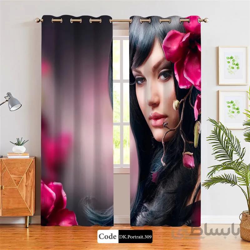 پرده پانچی (هازان و مخمل) کد DK.Portrait.309 طرح چهره زن و گل ها