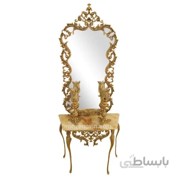 آیینه و شمعدان برنزی طرح اسپادانا پایه بلند پرداختی کد ۱۰۲