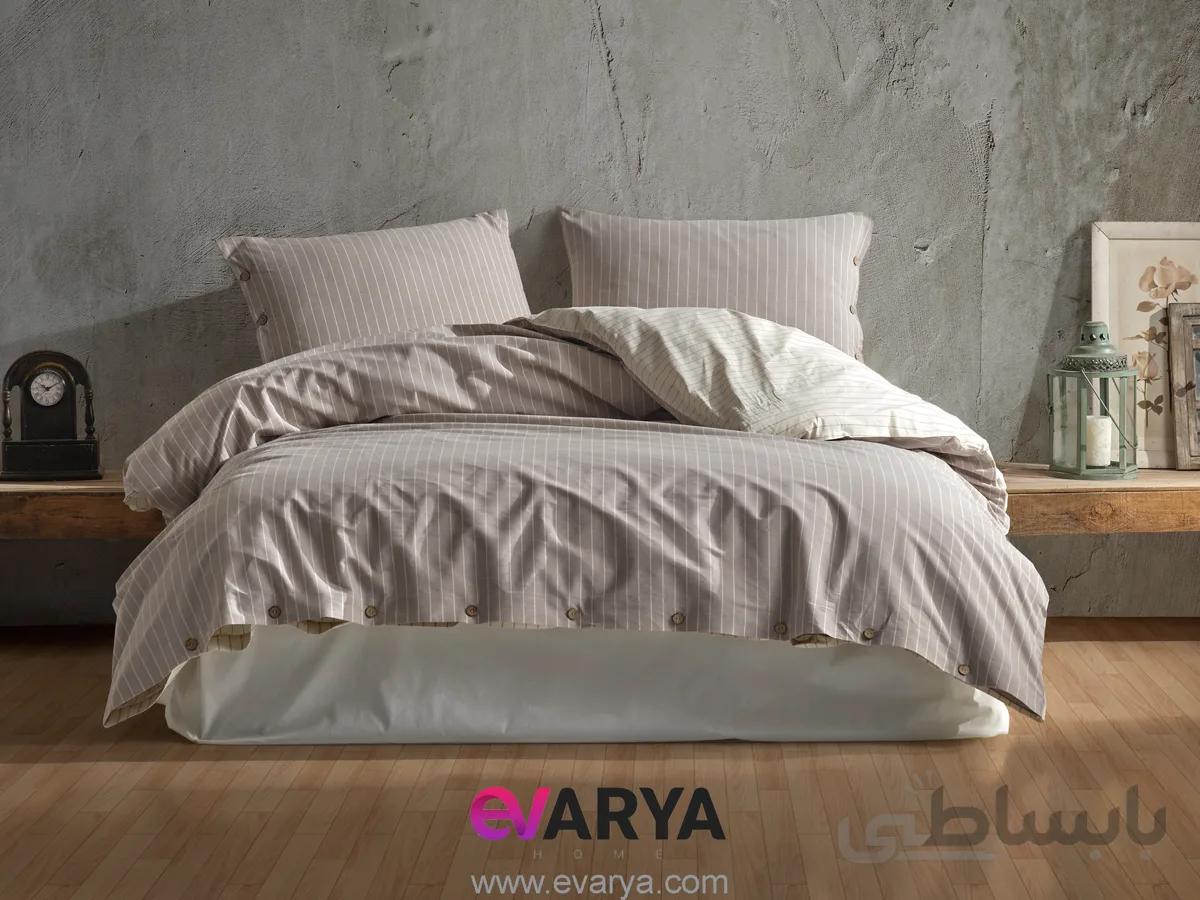ست کاور ملحفه لینن راه راه برند clasy طرح norma رنگ خاکی طوسی سایز کینگ