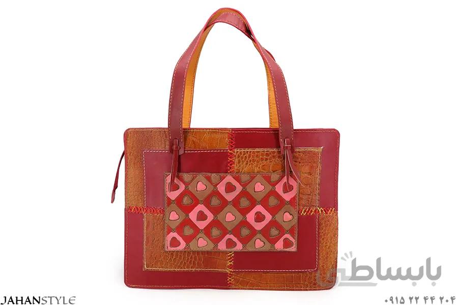 کیف دستی چرم طبیعی قلم زنی مدل چهل تکه
