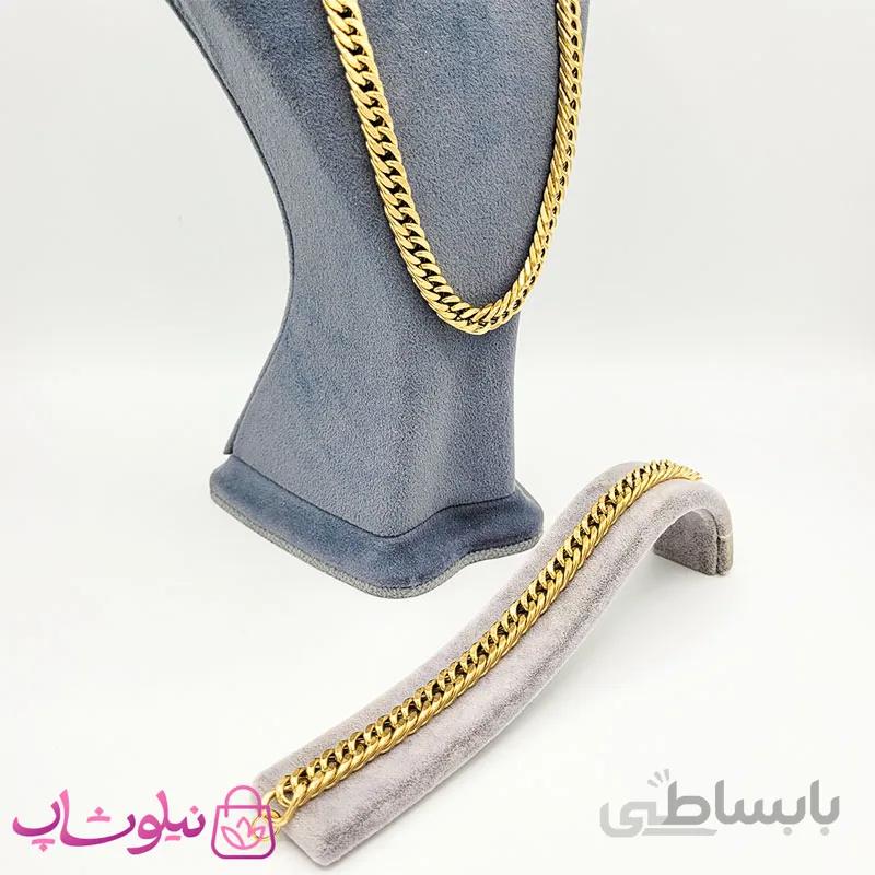 ست گردنبند و دستبند مردانه استیل طلایی