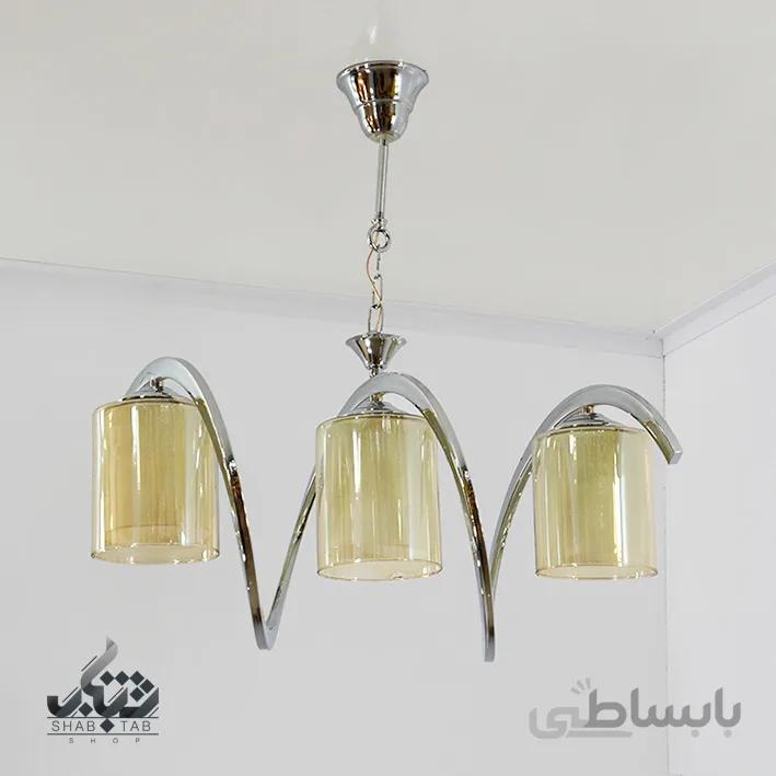 لوستر آویز سه شعله شب تاب فنری کروم با حباب