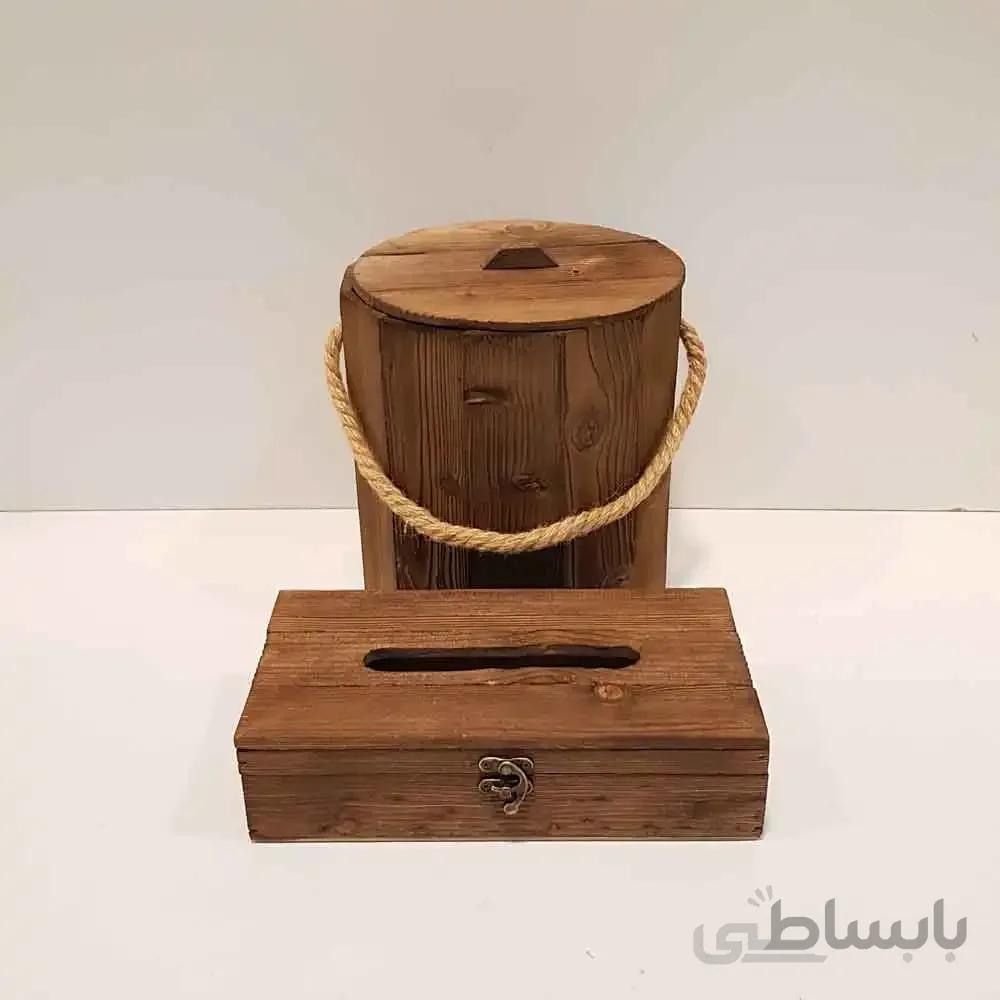 ست سطل و جادستمال کاغذی چوبی رنگ قهوه ای