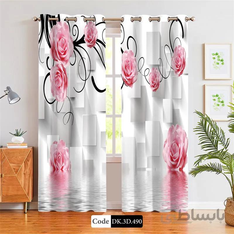 پرده پانچی (هازان و مخمل)کد DK.3D.490 طرح سه بعدی گل های صورتی در آب