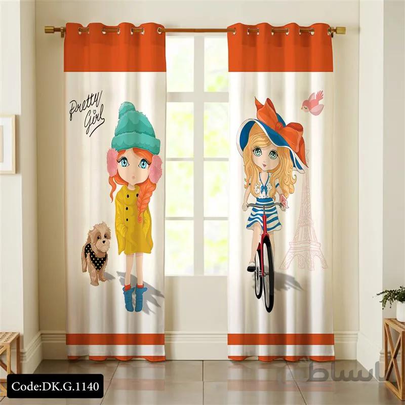 پرده پانچی (هازان و مخمل) کد DK.G.1140 طرح دخترانه دو دختر در پاریس