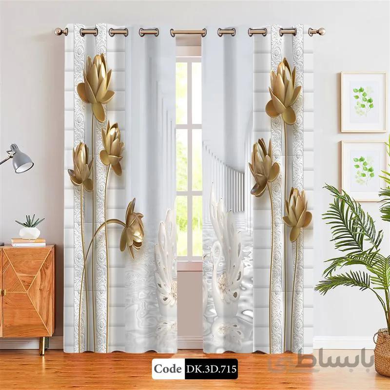 پرده پانچی (هازان و مخمل)کد DK.3D.715 طرح سه بعدی گل و قو