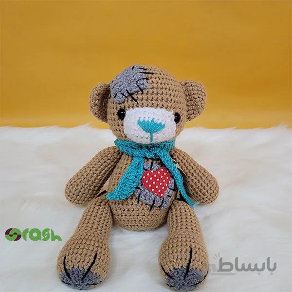 عروسک بافتنی دست بافت خرس قهوه ای ارتفاع 35 سانتی متر