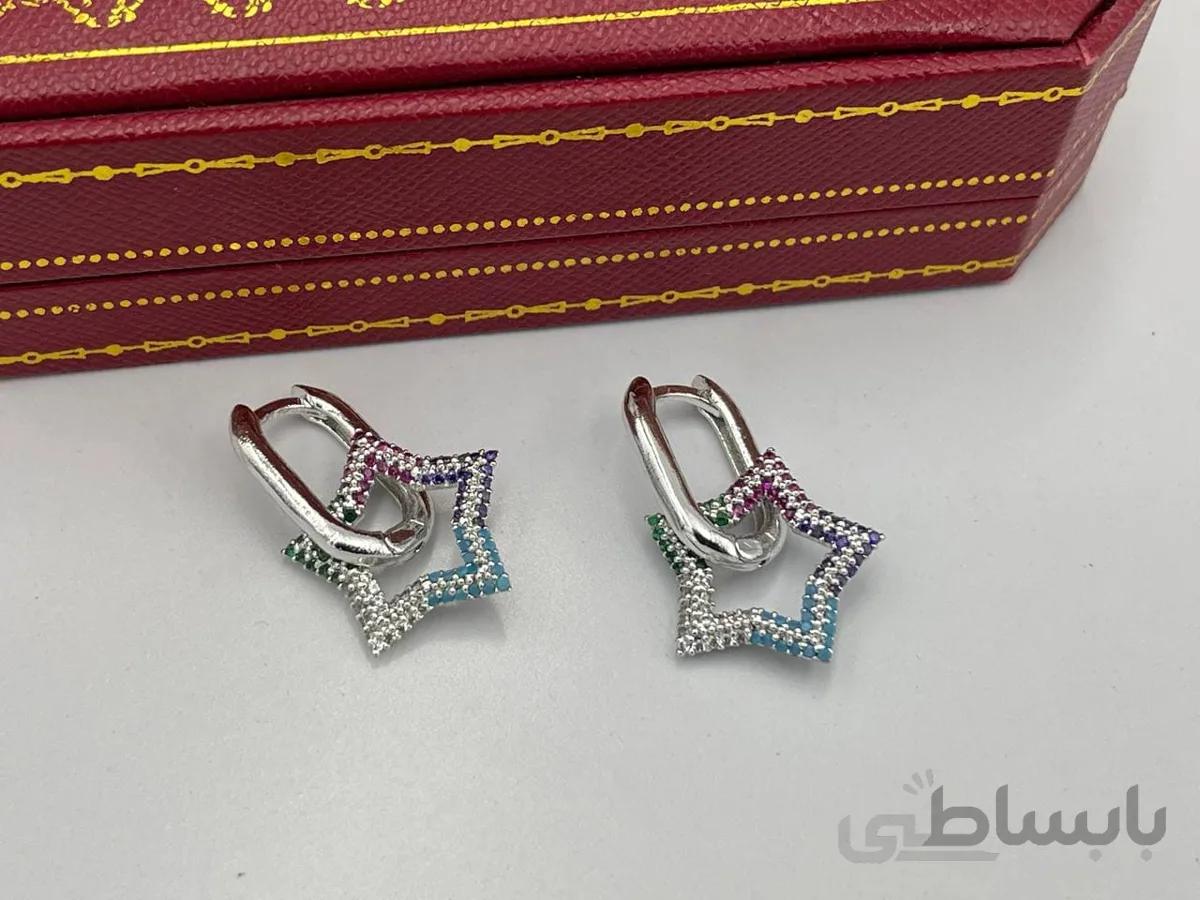 گوشواره ستاره با نگین های رنگی نقره ای