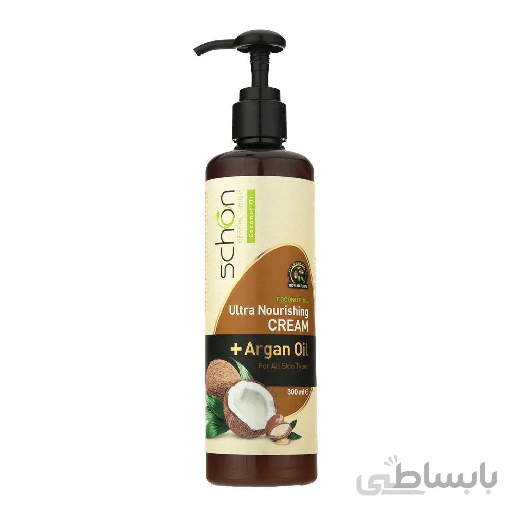 کرم پمپی نرم و مرطوب کننده شون حاوی نارگیل و آرگان 300 میل ا Schon Cream Soft Moisturizing Coconut And Argan 300ml