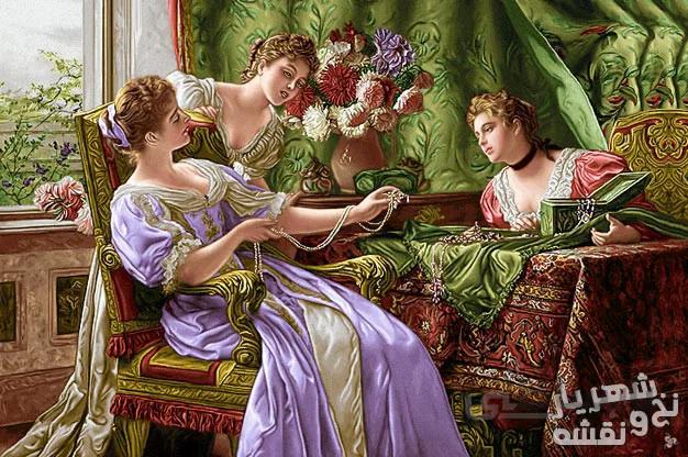 نخ و نقشه و مصالح بافت تابلو فرش طرح جواهر فروش کد p-6704