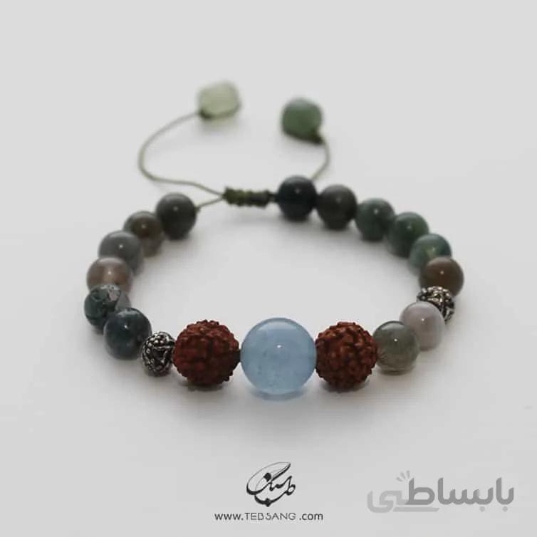 دستبند زنانه آکوامارین، یشم، عقیق شجر و رودراکشا