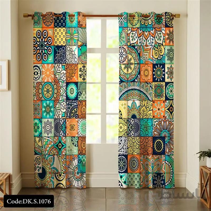پرده پانچی (هازان و مخمل)کد DK.S.1076 طرح ایرانی و سنتی اسلیمی چند رنگ