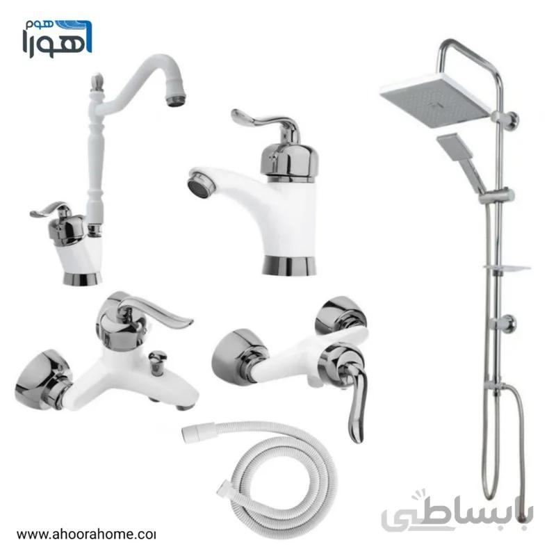 ست شیرآلات مدل قاصدک سفید کروم شلنگ توالت علم دوش