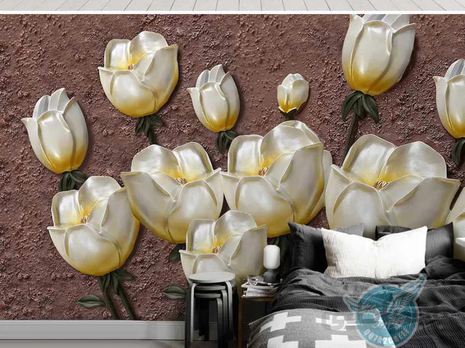 کاغذ دیواری سه بعدی گل های برجسته سفید
