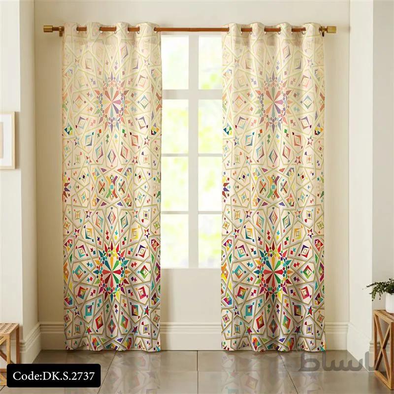 پرده پانچی (هازان و مخمل)کد DK.S.2737 طرح ایرانی و سنتی اسلیمی لوزی های رنگارنگ