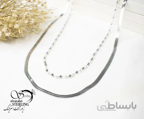 گردنبند زنانه استیل دو زنجیره ماری پهن و مروارید